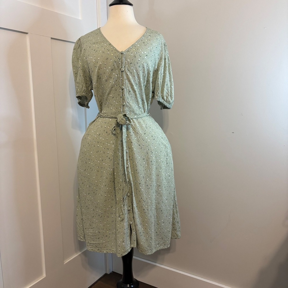 Sage Green Floral Button‎ Front Midi Dress Tie Waist Puff Sleeves Cottage core